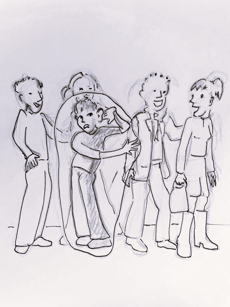 tekening van slechthorend persoon binnen een bubbel in een sociale situatie